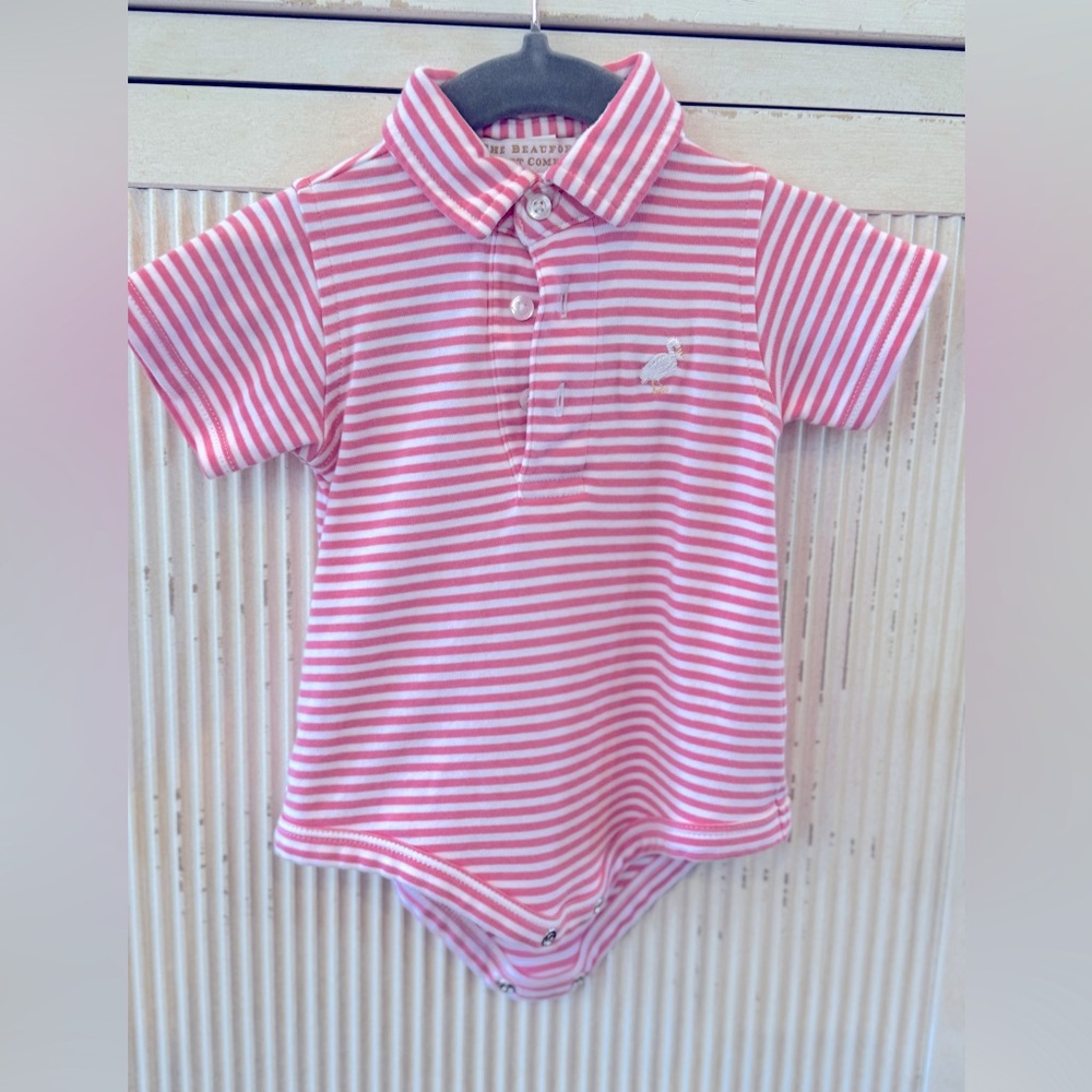 The Beaufort Bonnet Prim and Proper Onesie, size 6-12M, pink and white stripe